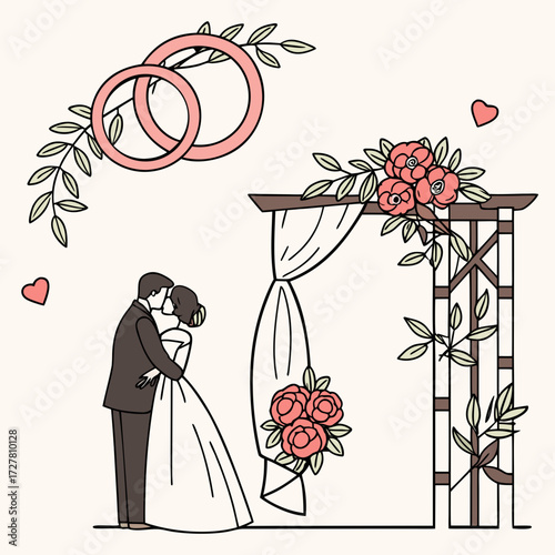 A romantic wedding ceremony scene with a couple kissing under a floral arch adorned with rings and heart symbols