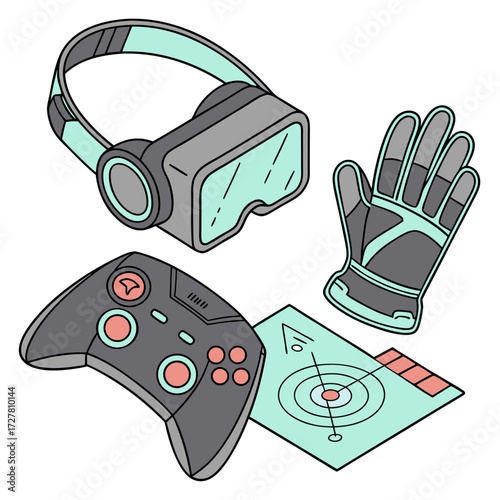 A set of virtual reality gaming accessories including a vr headset a game controller a haptic glove and a target display screen