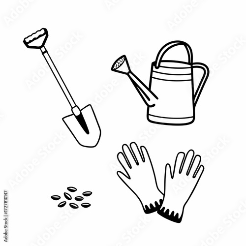 A simple black and white line drawing illustration of essential gardening tools including a shovel watering can protective gloves and a small pile of seeds on a white background