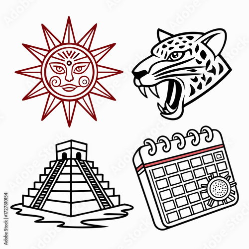 A stylized collection of ancient mesoamerican symbols including a sun god face a fierce jaguar head a mayan pyramid and a calendar with a sun symbol