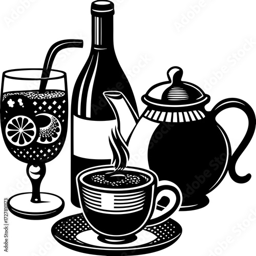 A still life composition featuring a glass of refreshing beverage with a lemon slice and straw a tall bottle a steaming cup of coffee or tea on a saucer and a teapot