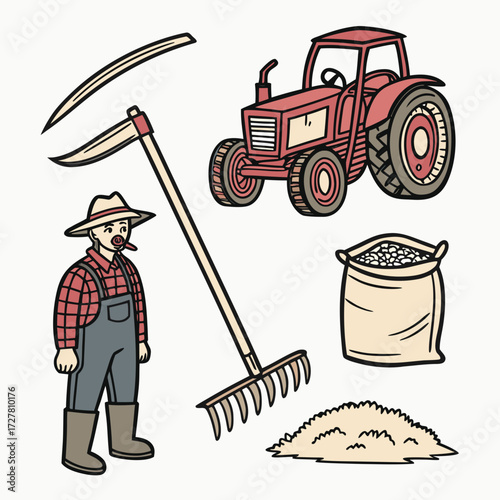 A stylized illustration of a farmer with a scythe and rake a red tractor a sack of grain and a pile of hay representing agricultural work and harvest