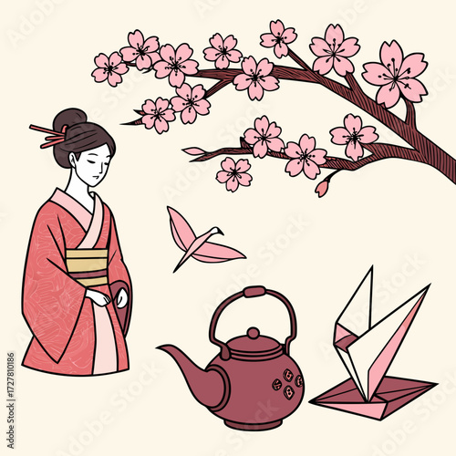 A traditional japanese scene featuring a woman in a kimono cherry blossoms a teapot and origami cranes