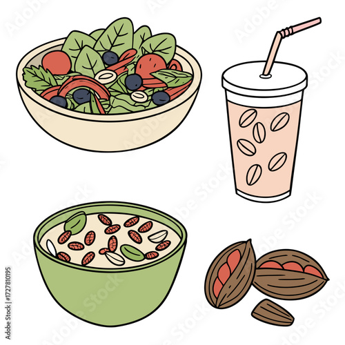 A vibrant and healthy collection of food and drink items including a fresh salad a refreshing iced beverage a nutritious bowl of oatmeal and raw cacao beans