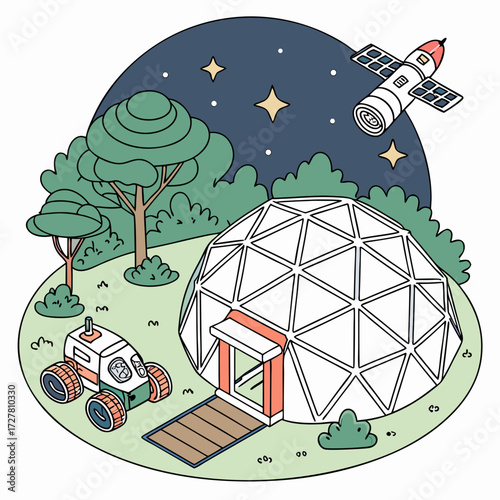 A whimsical illustration of a futuristic geodesic dome habitat on an alien planet with a rover and a satellite in the starry night sky