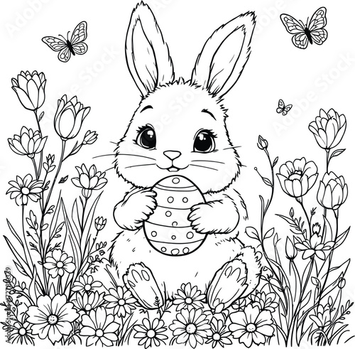 Easter bunny and eggs illustration coloring page - coloring book for kids
