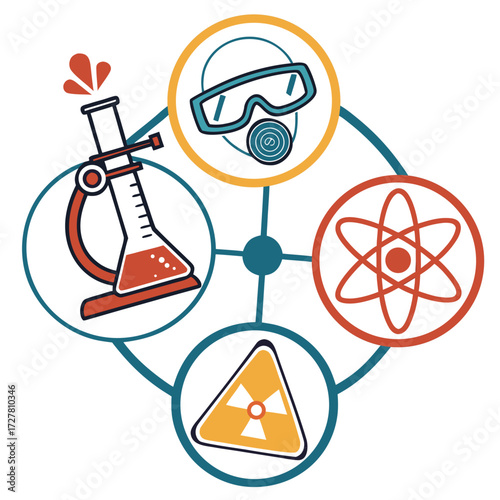 Abstract science concept illustration featuring a microscope and flask atomic symbol radiation warning sign and safety goggles connected by lines and circles
