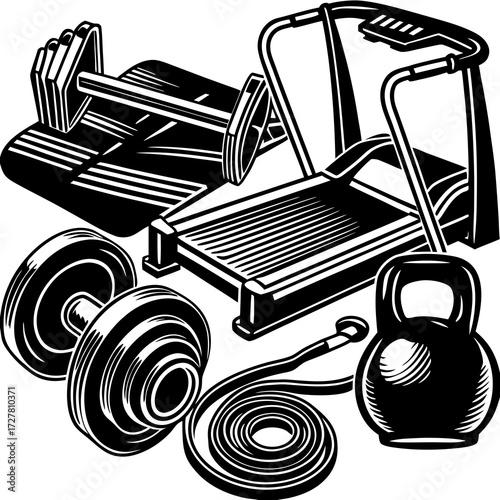 Collection of black and white fitness equipment including dumbbells a treadmill a kettlebell and a jump rope for a healthy lifestyle and exercise concept