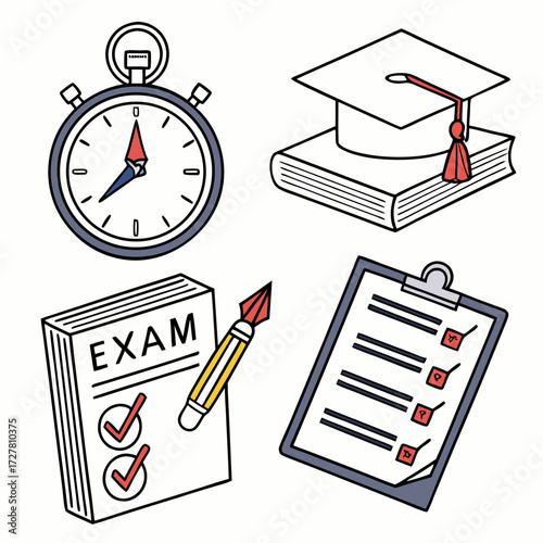 Collection of educational icons including a stopwatch graduation cap on a book exam paper with a pen and a checklist on a clipboard symbolizing learning and assessment