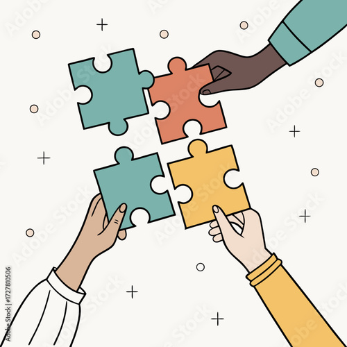 Diverse hands collaborate to connect colorful puzzle pieces symbolizing teamwork unity and shared goals in a creative abstract design