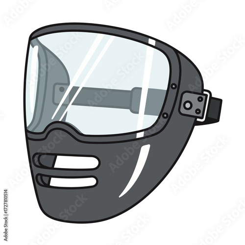Vector artwork depicting a sturdy safety mask with a clear visor, essential gear for personal protection in industrial or recreational settings