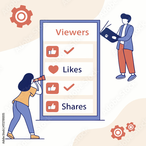 Diverse individuals analyze social media engagement metrics on a large screen displaying viewers likes and shares with a magnifying glass and a tablet device