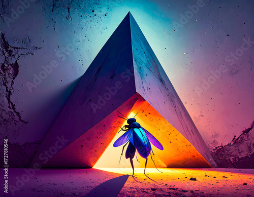 Colorful Insect Approaches Abstract Geometric Structure at Dusk