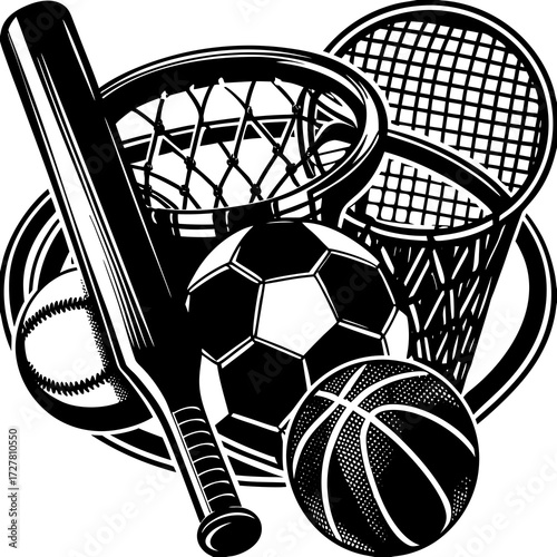 Dynamic black and white graphic depicting a collage of popular sports equipment including a baseball bat soccer ball basketball tennis racquet and net