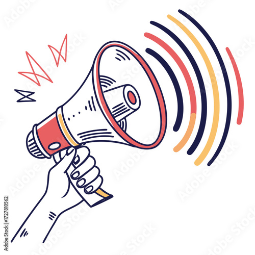 Hand holding a red and white megaphone with sound waves emanating from the speaker in a stylized drawing with colorful lines and a white background