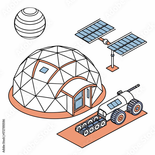 Isometric illustration of a futuristic space colony habitat with a geodesic dome solar panels a rover and a celestial body on a white background
