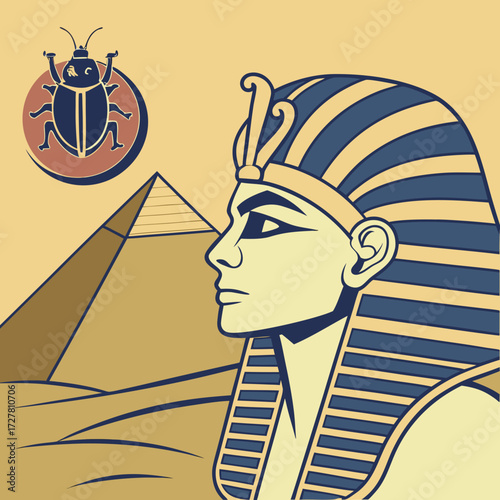 Stylized illustration of an ancient egyptian pharaoh in profile wearing a nemes headdress with a pyramid and scarab beetle symbol in the background under a pale yellow sky