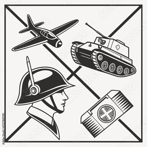 Vintage military icons featuring a soldier helmet airplane tank and medical kit in a stylized graphic design with bold black lines