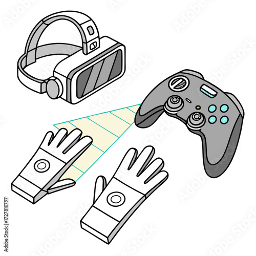 Virtual reality headset and gaming controller with motion sensing gloves and projected interactive field of view for immersive gameplay and digital experiences