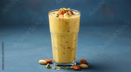 Refreshing tall glass of traditional Indian thandai drink flavored with saffron, almonds, pistachios, and spices, served chilled with dry fruit garnish on blue background, festive summer beverage