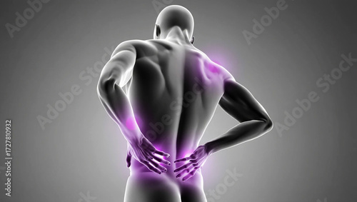 Man experiencing back pain with purple glowing areas ache discomfort
