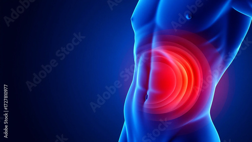 Male torso with abdominal pain highlighted in red abdomen discomfort