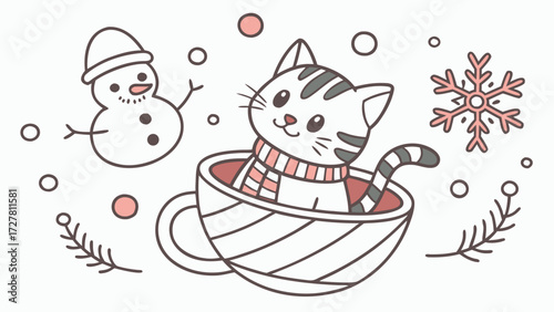 Cute Playful Bengal Cat, accessorized with sitting in a teacup ride, in a Winter world – Winter Wonderland palette vector