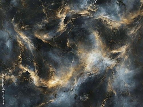 Abstract Swirling Nebula Cosmic Cloudscape, Gold and Blue Marble Texture