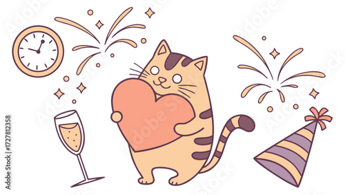 Playful Funny Bengal Cat design, styled with holding a heart and New Beginnings shades in a New Year's Eve/Day setting