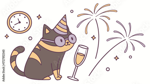 Cute Shy Bengal Cat, accessorized with wearing glasses, in a New Year's Eve/Day world – New Beginnings palette vector
