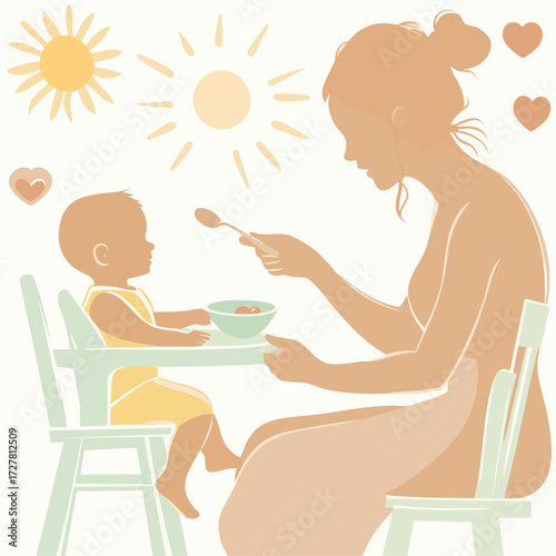 Warm Mother Feeding Baby Illustration – Loving Family Mealtime, Summer Sun, Nutrition, Parental Care, Vector Art