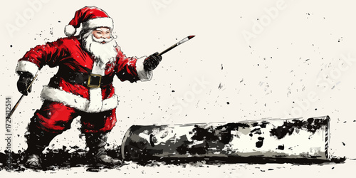 Creative Santa Claus Painting with Large Brush and Paint Tube - Festive Artistic Christmas Illustration with Red and Black Accents