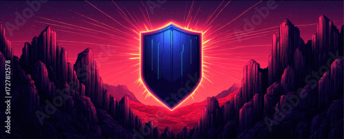 Futuristic Blue Shield Emblem Glowing Above Alien Mountain Landscape at Sunset, Digital Art Cyber Security Concept Illustration