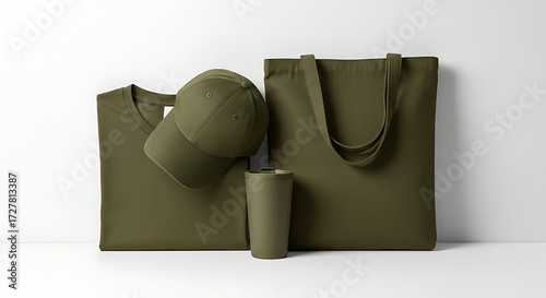 Conceptual branding and merchandise mockup featuring a blank olive green t-shirt, baseball cap, tote bag, and tumbler set for corporate identity design