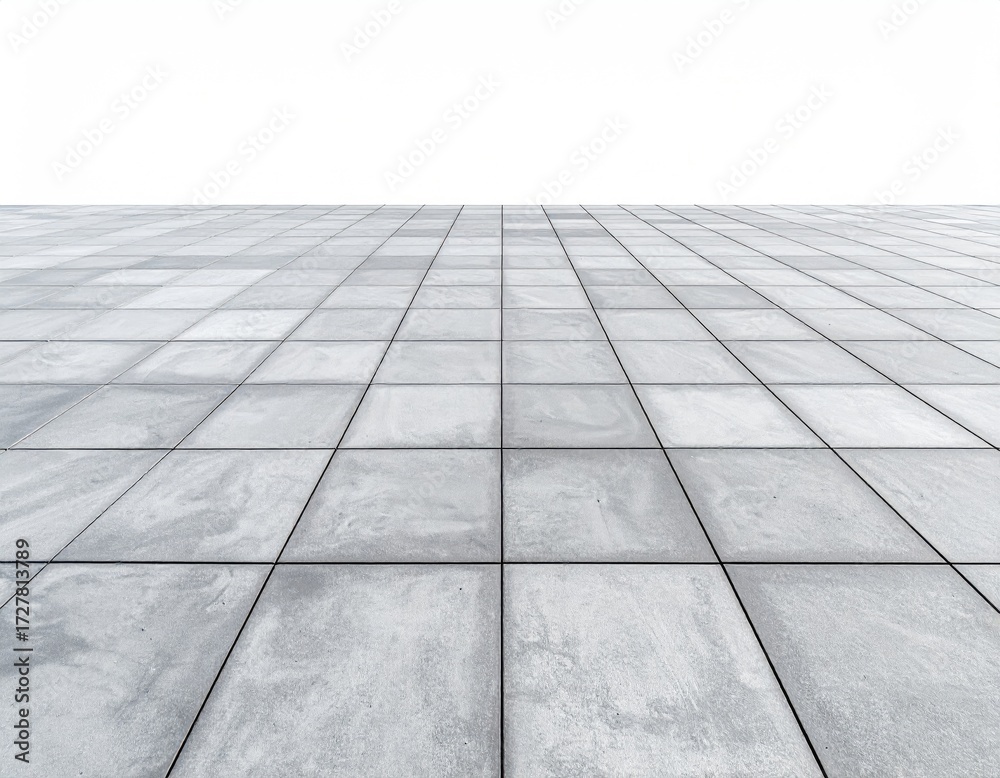 Fototapeta premium A perspective view of a vast expanse of light grey square tiles, set against a stark white background, creating a clean and modern feel