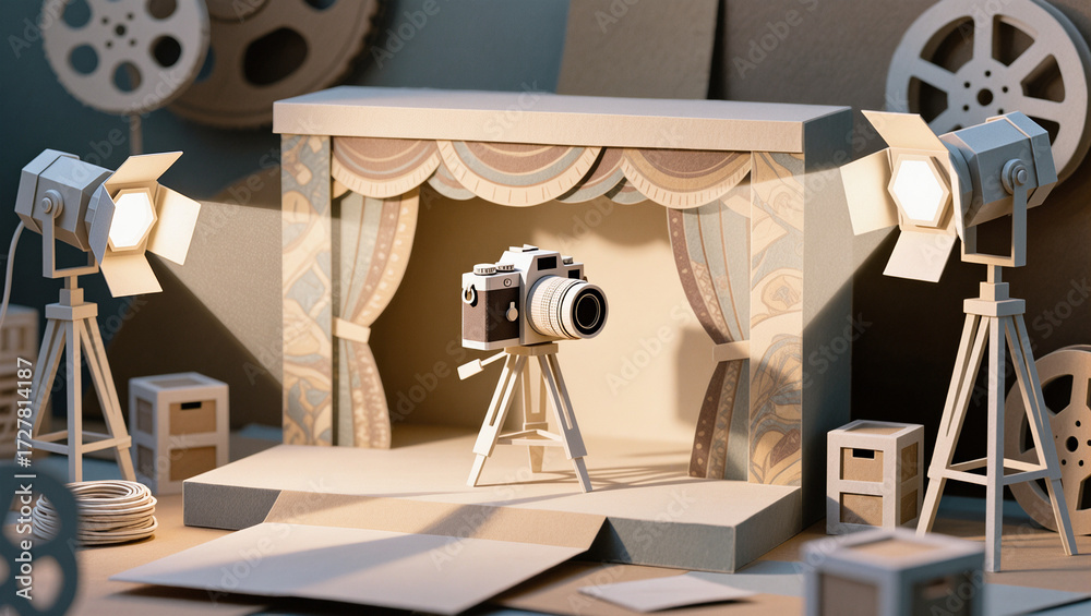 Fototapeta premium Paper craft diorama depicting a small photo or film set with a stage, vintage camera on a tripod, curtains, studio lights, and large film reels in the background.