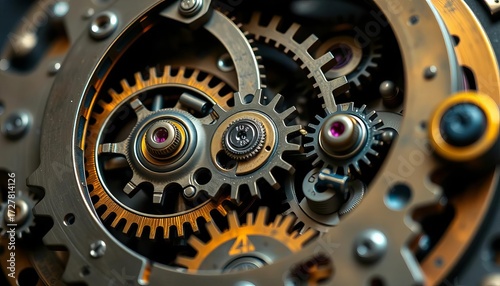 Intricate clockwork gears turning smoothly, showcasing intricate details,  texture,  brass