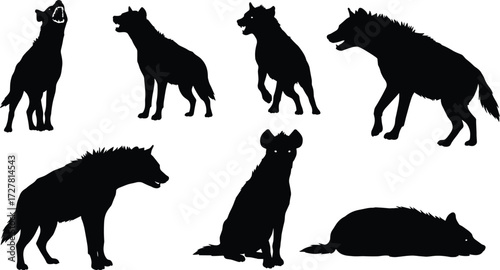 Hyena silhouette collection, seven wild animal poses, standing, walking, sitting, lying down, roaring, wildlife predator vector, cad drawing flat vector illustration
