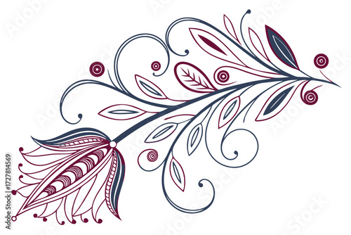 Floral design, featuring a delicate arrangement of leaves, swirls, and dots in shades of red and blue, creating a visually pleasing composition