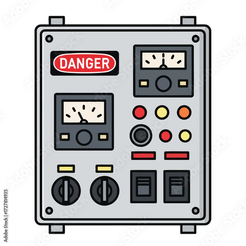 Cartoon illustration of a control panel with meters, switches, and warning sign for industrial or technical use