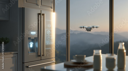 Predictive delivery concept: a smart refrigerator automatically orders milk, which is delivered by a drone.