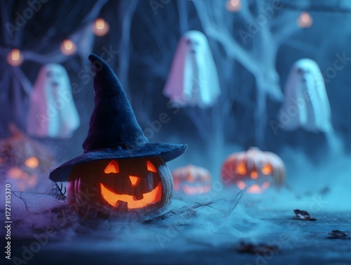 Happy Halloween background with glowing pumpkin jack-o'-lantern, witch hat, floating ghosts, cobwebs, and festive spooky decorations