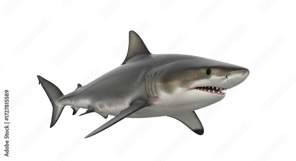 Naklejka premium A shark swims isolated on a white background showing its teeth and fins.