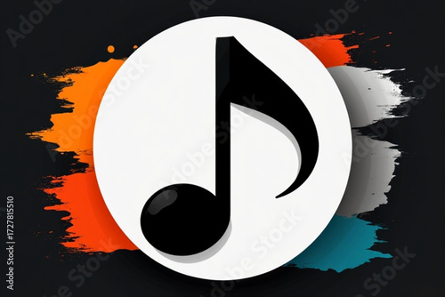 A musical note icon, centered on a white circle, surrounded by colorful brushstrokes.