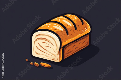 A stylized illustration of a sliced loaf of bread, with visible crust and crumb details, set against a dark background.