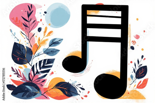 Abstract musical note design surrounded by colorful floral elements.