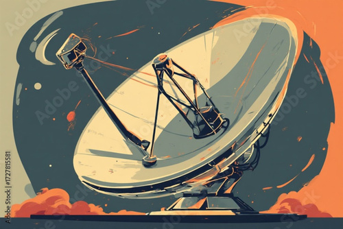 Illustration of a large satellite dish, angled towards the sky, with a stylized background.