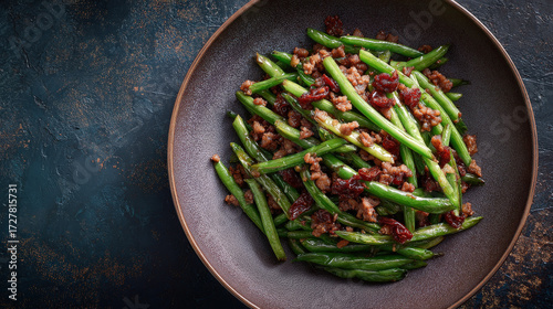 A top-down image of a nutritious and colorful meal of green beans, meat, and cranberries arranged on a dark-colored plate