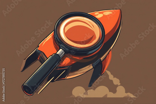 An orange rocket takes off, being examined by a magnifying glass.