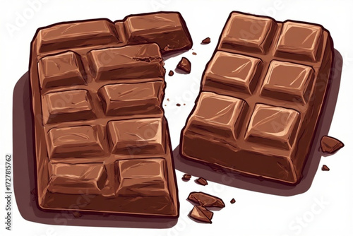 Two pieces of a chocolate bar, one broken, with crumbs, on a white surface.